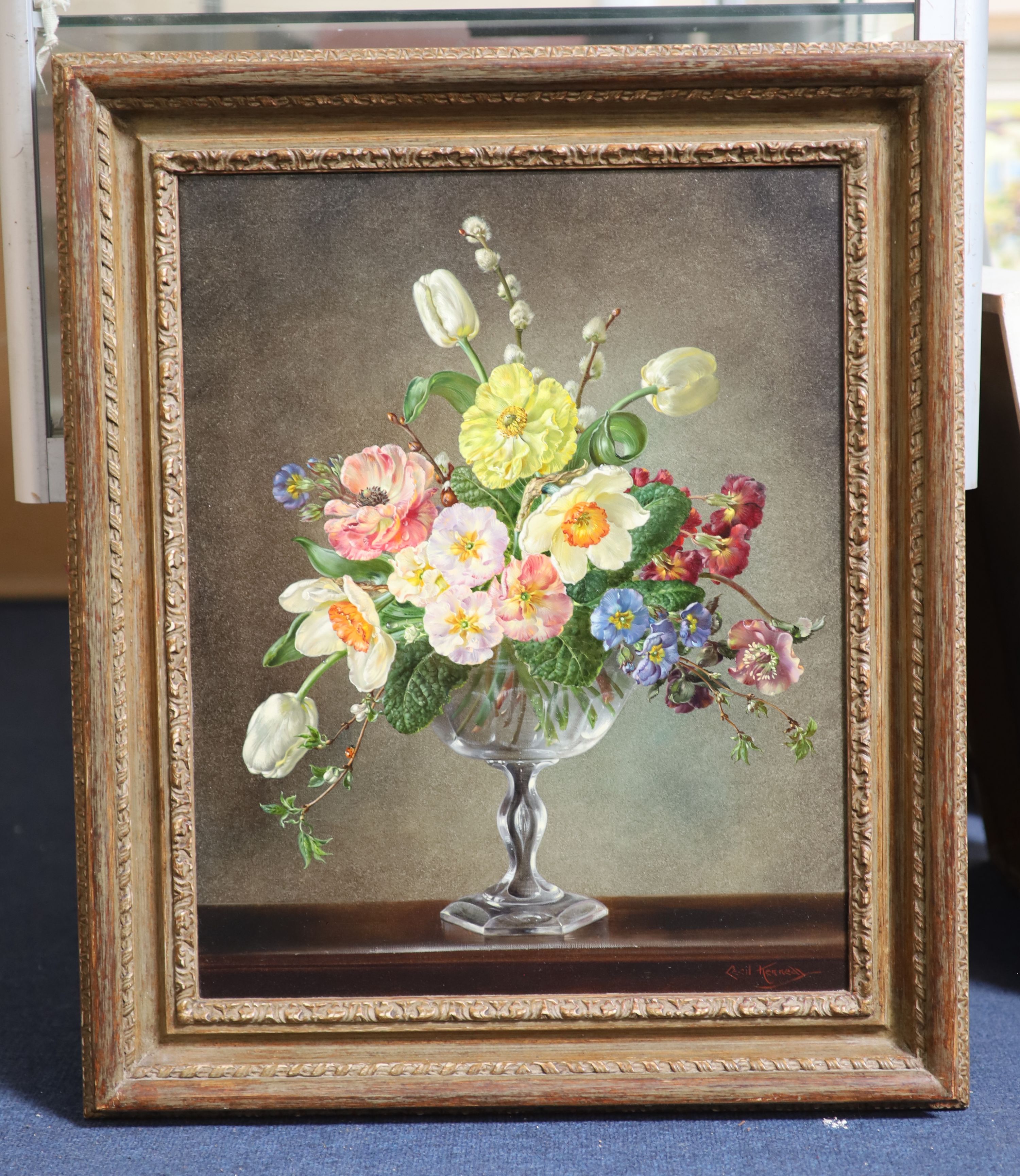 Cecil Kennedy (1905-1997), Spring, Ranunculus, Polyanthus, Tulips and other flowers, oil on canvas, 49.5 x 39.5cm